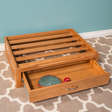 Natural Dog Storage Bed with Drawer Open and Cushion Off